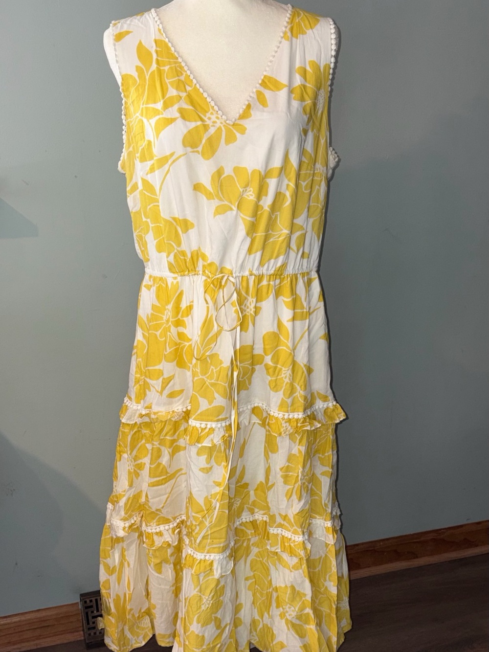 Roz & Ali Yellow Floral Cotton Tiered Midi Dress Size 14